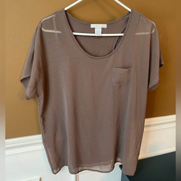 Design History Womens Sheer Taupe Boxy Short Sleeve Blouse Attached Tank Size S - Picture 1 of 5